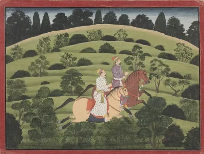 Akrura and Kritavarma flee Dvaraka, page from the "Large Basohli" Bhagavata Purana