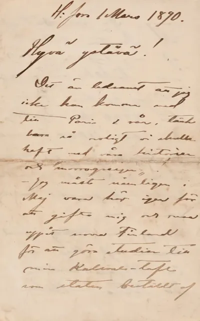 Akseli Gallen-Kallela’s letter to Carl Dørnberger 1.3.1890