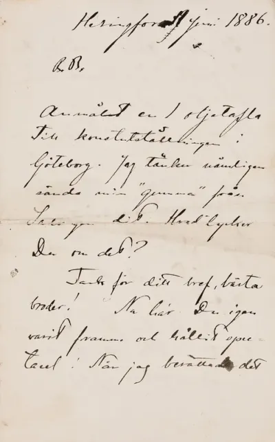 Akseli Gallen-Kallela’s letter to Carl Dørnberger 11.6.1886