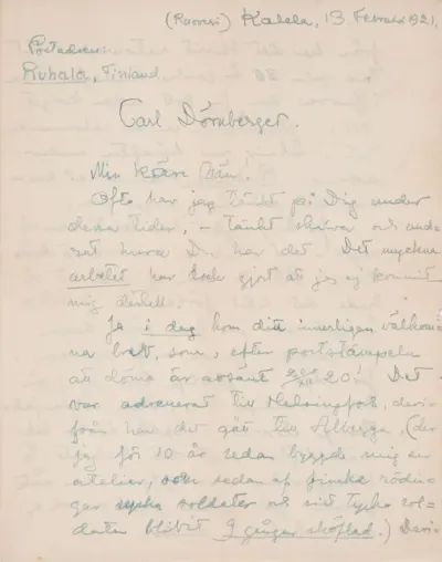 Akseli Gallen-Kallela’s letter to Carl Dørnberger 13.2.1921