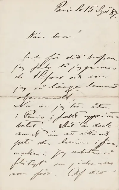 Akseli Gallen-Kallela’s letter to Carl Dørnberger 15.9.1887
