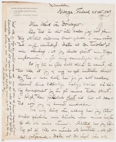 Akseli Gallen-Kallela’s letter to Carl Dørnberger 25.10.1929