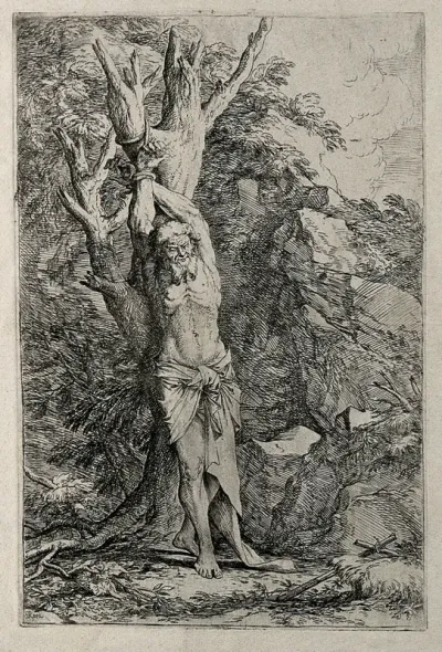 Albert, a companion of Saint William of Maleval, tied to a tree