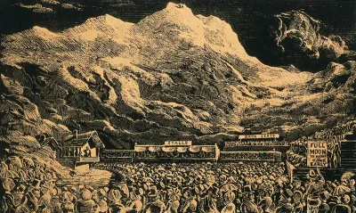 Albert Smith standing on the balcony of a chalet in front of the painted backdrop of Mont Blanc at midday by William Beverley, addressing a large audience