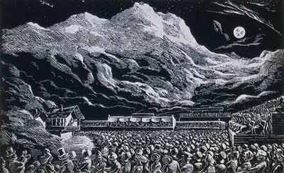 Albert Smith standing on the balcony of a chalet in front of the painted backdrop of Mont Blanc at midnight by William Beverley, addressing a large audience