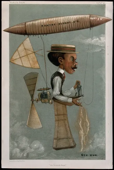 Alberto Santos-Dumont, aviator, with an airship attached to his head and a propeller strapped to his back