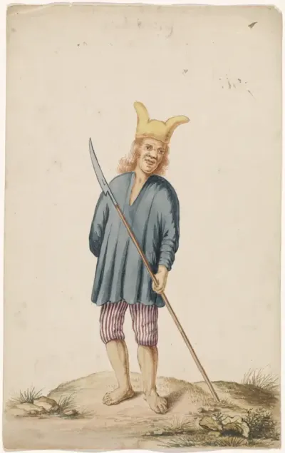 Albinoman met zotskap en wapen