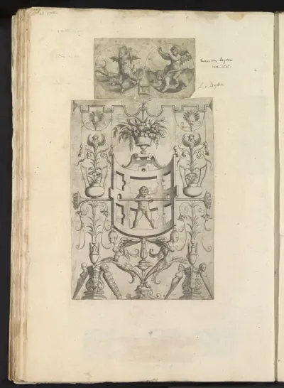 Albumblad met twee prenten met putti in cirkels en ornament