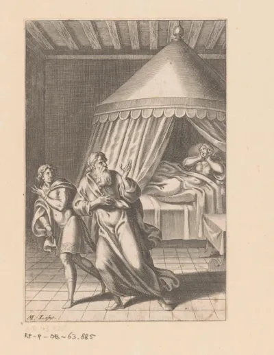 Alcamène ziet Chariclée, liggend in bed