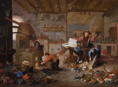 Alchemist with assistants in a workshop