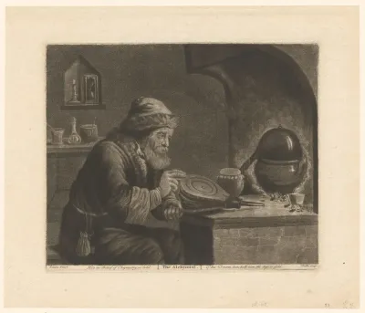 Alchemist zittend bij een haard