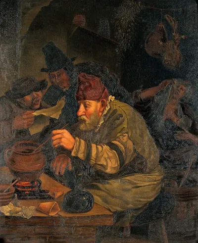 Alchemists. Oil painting after Jan Steen