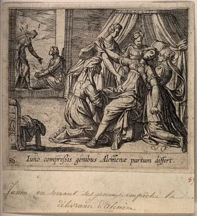 Alcmene giving birth to Hercules: Juno, jealous of the child, attempts to delay the birth