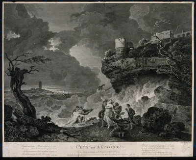 Alcyone discovers the dead body of her husband Ceyx and attempts to throw herself off a cliff into the sea