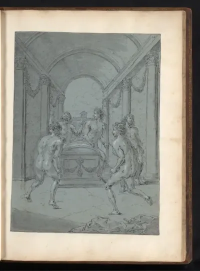 Alexander de Grote en zijn hovelingen dansen naakt om het graf van Achilles
