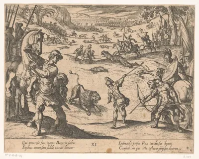 Alexander de Grote jaagt op wilde dieren te Bazaira