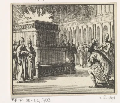 Alexander de Grote knielt in de voorhof van de tempel