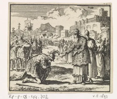 Alexander de Grote knielt voor de hogepriester Jaddus