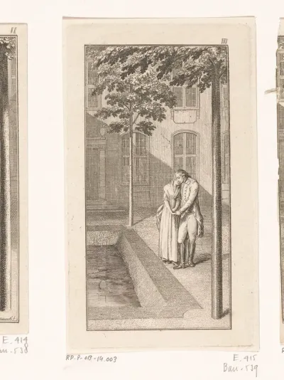 Alexander en Tinchen naast een vijver op een binnenplaats