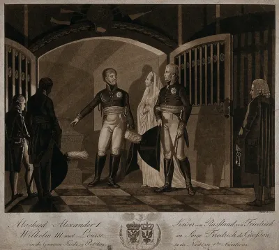 Alexander I of Russia taking leave of Friedrich Wilhelm III and his wife, Luise von Mecklenburg-Strelitz, next to the tomb of Frederick the Great