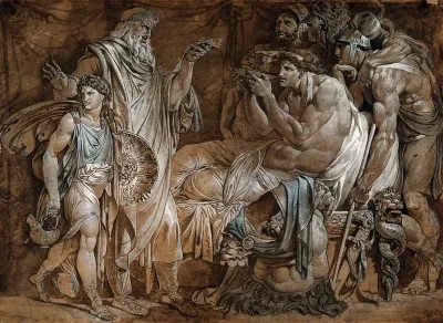 Alexander the Great demonstrating his trust in Philip, his physician, by drinking a medicinal draught prepared by him after receiving a letter from General Parmenio suggesting that Philip is poisoning him