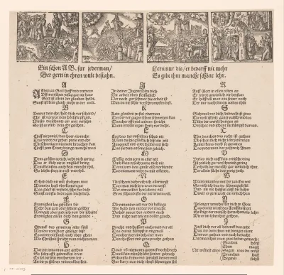 Alfabet met vier religieuze allegorieën