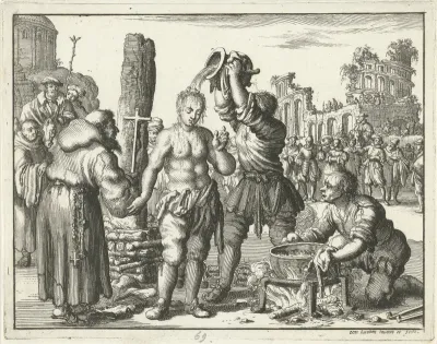 Algerius, een student te Padua, voor de brandstapel met kokende olie overgoten, 1557