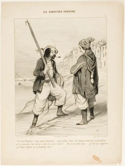 “- All right Rigobert, my old friend.... we are going to make a long trip today.... did you bring enough provisions on board of our vessel? - Don't talk about it.... all I was able to bring along are two biscuits and a red herring,” plate 1 from Les 