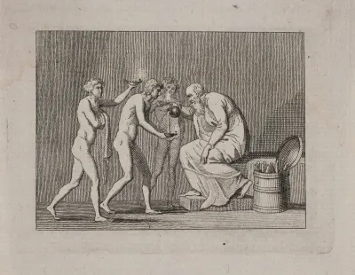 Allegori med tre ynglinge og en gammel mand i antik dragt.