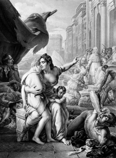 Allegorical female figure assisting victims of the 1720 plague in Marseille