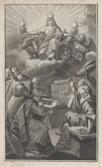 Allegorical figure appearing on clouds overhead while a group of men gathered below look up in astonishment