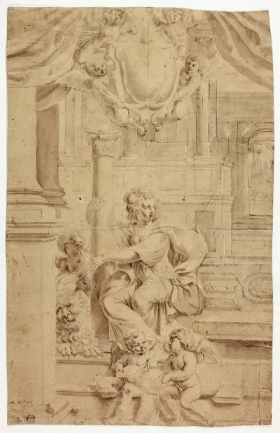 Allegorical Figure of Fortitude, with Coat of Arms Above
