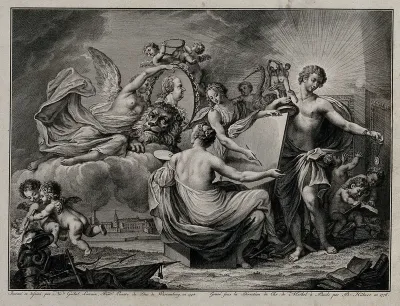 Allegorical figures, including Apollo: one supports a portrait roundel of Karl Theodor, Elector Palatine, with attributes of the fine arts and of war; a view of a city beyond