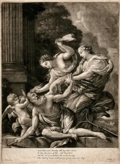 Allegorical figures of Love, Hope and Beauty struggling with the figure of Time