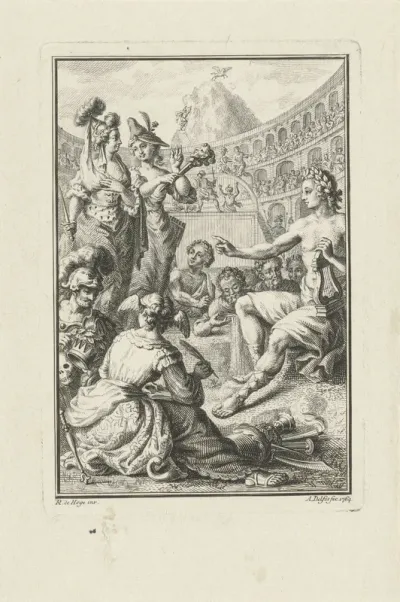 Allegorie met Apollo, muzen en kunstenaars in amfitheater