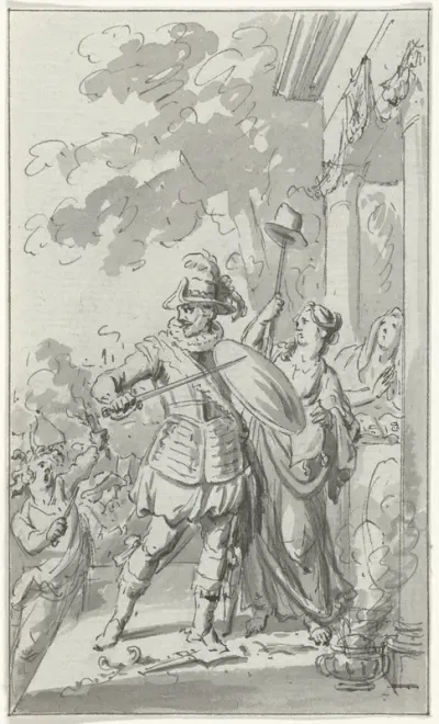 Allegorie met de Prins van Oranje (?) die de Vrijheid en het Geloof beschermt tegen Razernij