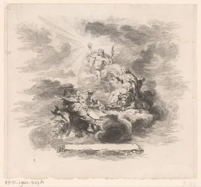 Allegorie met diverse figuren waaronder de muze Urania en de Waarheid die het licht van de zon over alles laat schijnen