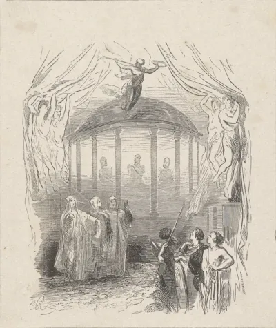 Allegorie met drie bustes in een ronde tempel