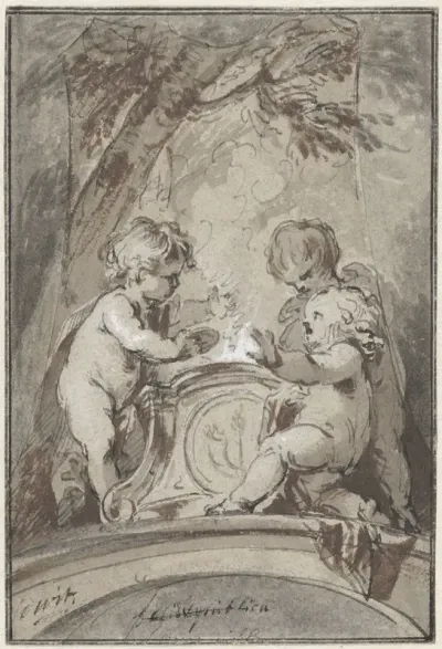 Allegorie met drie putti bij een altaar
