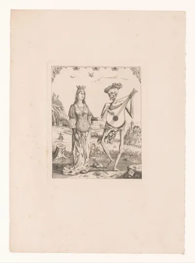 Allegorie met een edelvrouw en een musicerende Dood