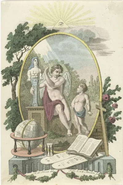 Allegorie met een engel en een standbeeld van Moeder Natuur