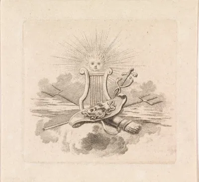 Allegorie met een lier, een schild met het hoofd van Medusa, de mercuriusstaf, een pijlenbundel en bliksem