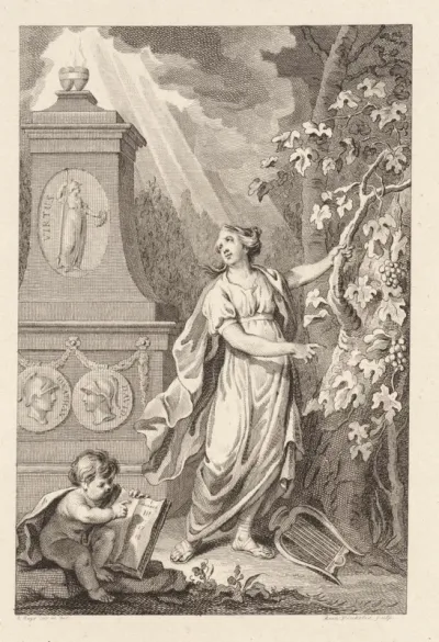 Allegorie met een vrouw en putto bij een monument voor de Deugd