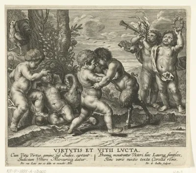 Allegorie met gevecht tussen putto en saterkind als deugd en ondeugd
