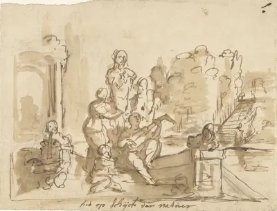 Allegorie met musicerende figuren in een tuin