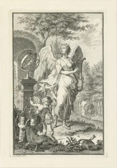 Allegorie met muze met lier, mogelijk Terpsichore, en putto met bijbel
