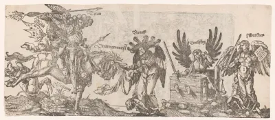 Allegorie met strijd van Tirannie, Woeker en Hypocrisie tegen Verstand, Gerechtigheid en het Woord Gods