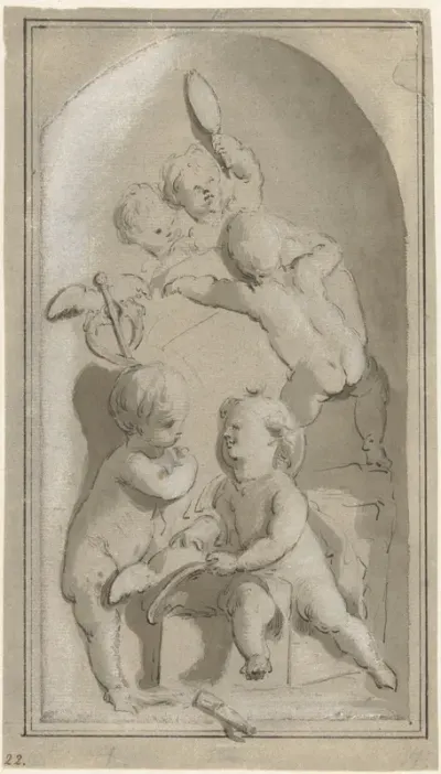 Allegorie met vijf putti met de attributen van Mercurius