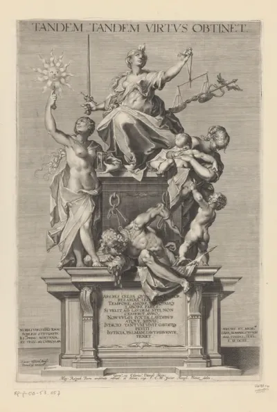 Allegorie op de deugd met Gerechtigheid (Justitia) geflankeerd door Tijd (Tempus) en Liefdadigheid (Caritas)