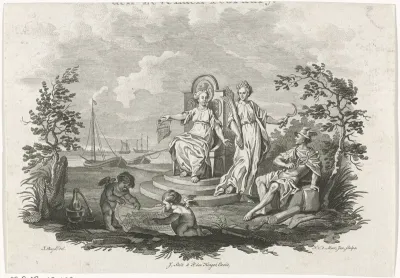 Allegorie op de eerste vergadering van de in 1777 opgerichte 'Oeconomische Tak' van de Hollandse Maatschappij der wetenschappen te Haarlem